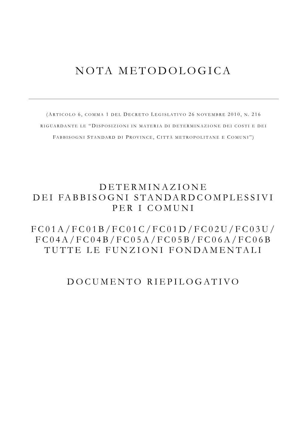 Nota Metodologica Riepilogativa Comuni