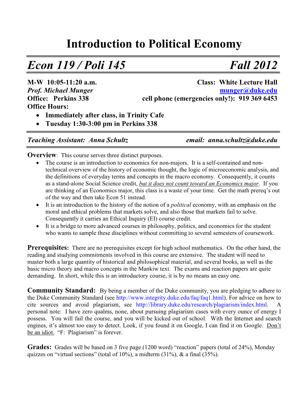 Introduction to Political Economy Econ 119 / Poli 145 Fall 2012
