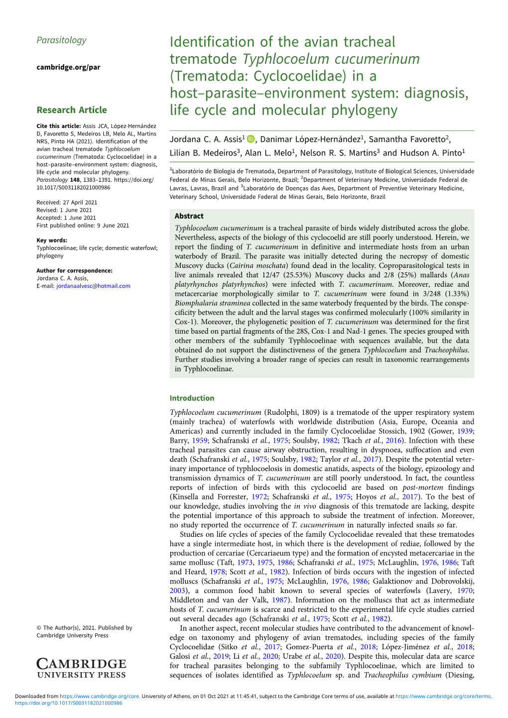 Identification of the Avian Tracheal Trematode Typhlocoelum