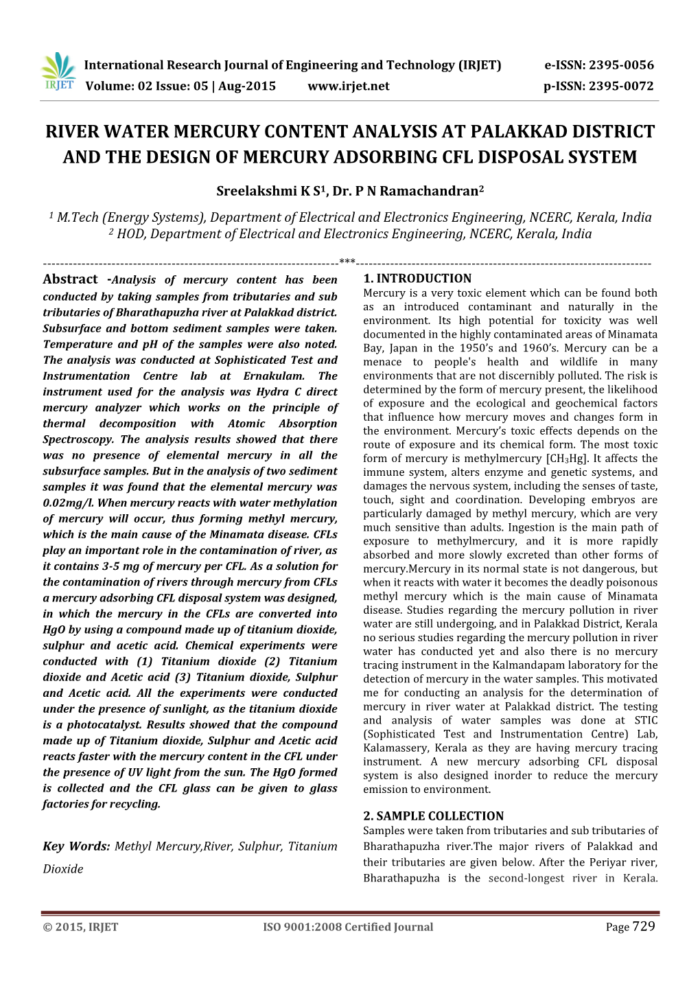 River Water Mercury Content Analysis at Palakkad District and the Design of Mercury Adsorbing Cfl Disposal System