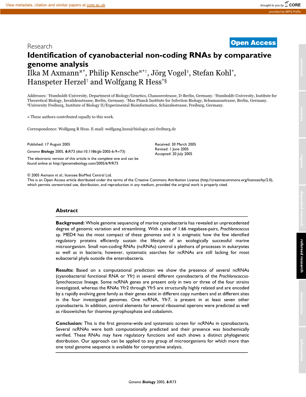 Identification of Cyanobacterial Non-Coding Rnas by Comparative