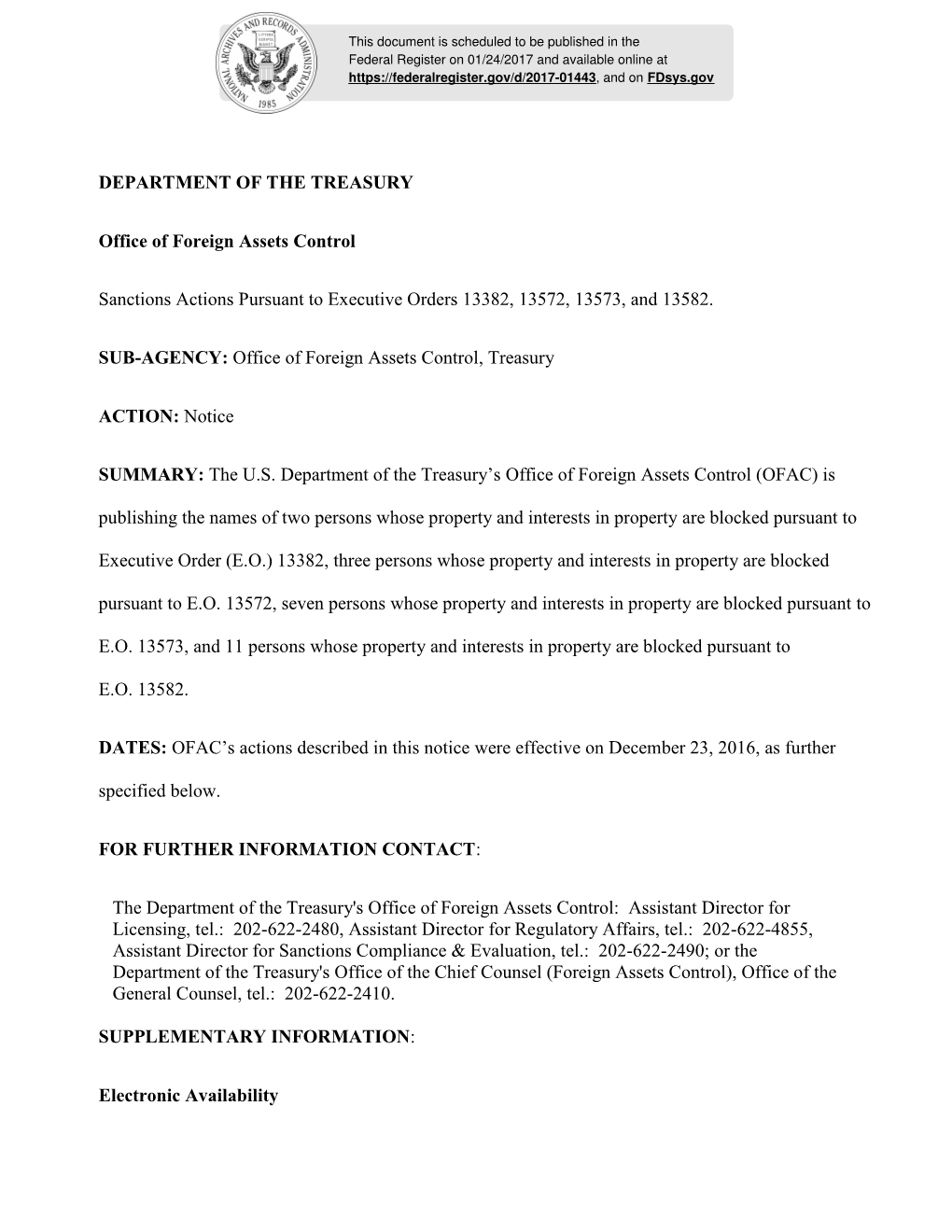 DEPARTMENT of the TREASURY Office of Foreign Assets Control