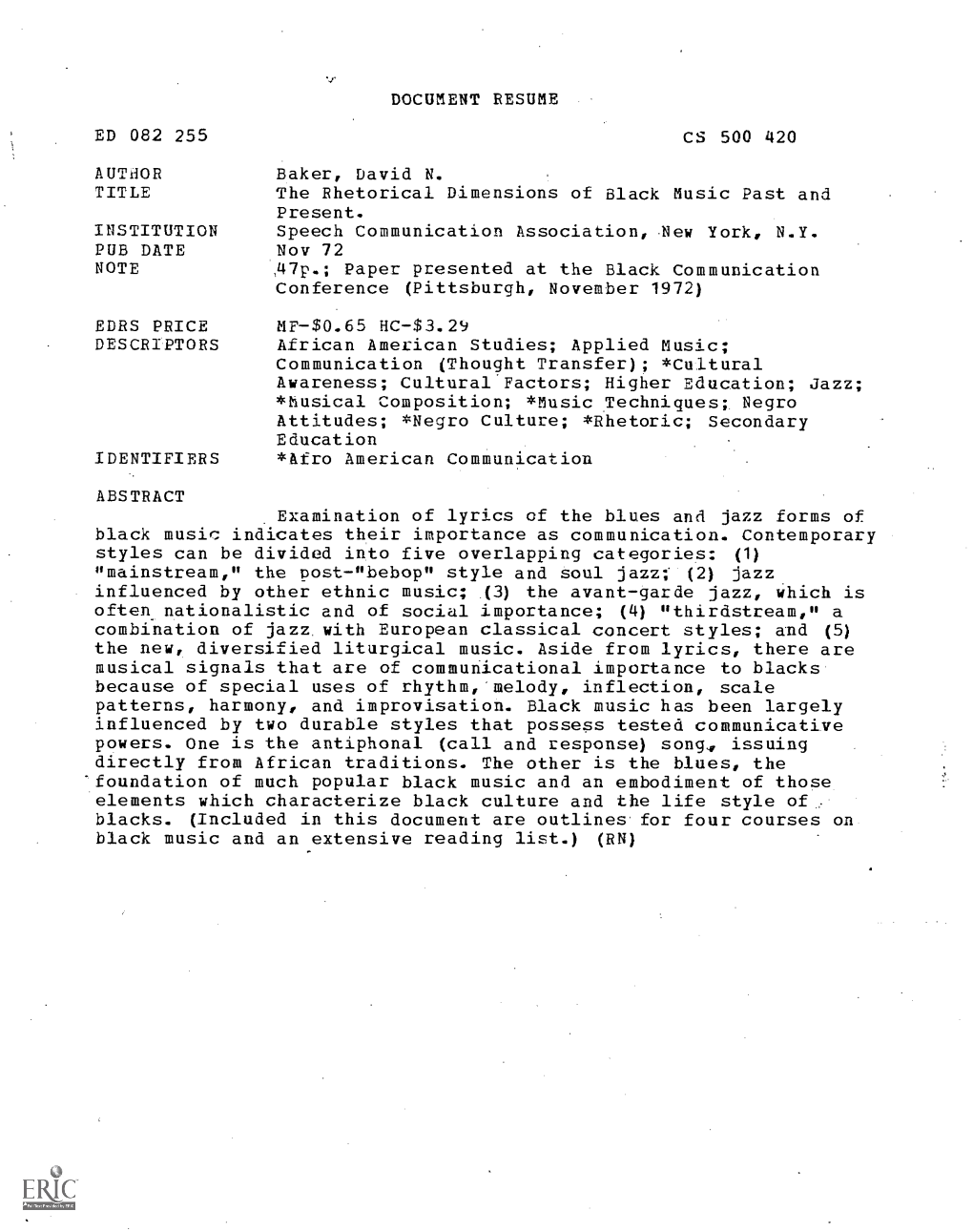 The Rhetorical Dimensions of Black Music Past and Speech Communication Association, New York, N.Y. African American Studies;