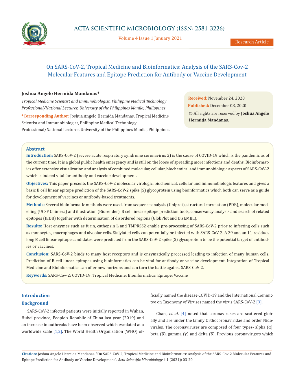 On SARS-Cov-2, Tropical Medicine and Bioinformatics: Analysis of the SARS-Cov-2 Molecular Features and Epitope Prediction for Antibody Or Vaccine Development