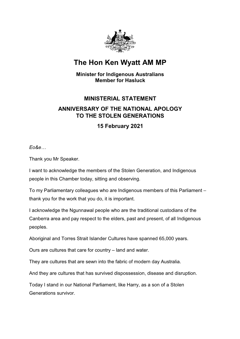 The Hon Ken Wyatt AM MP