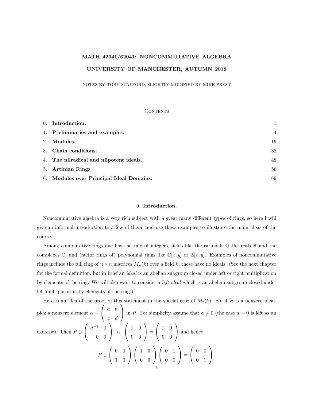 Noncommutative Algebra University of Manchester, Autumn 2018