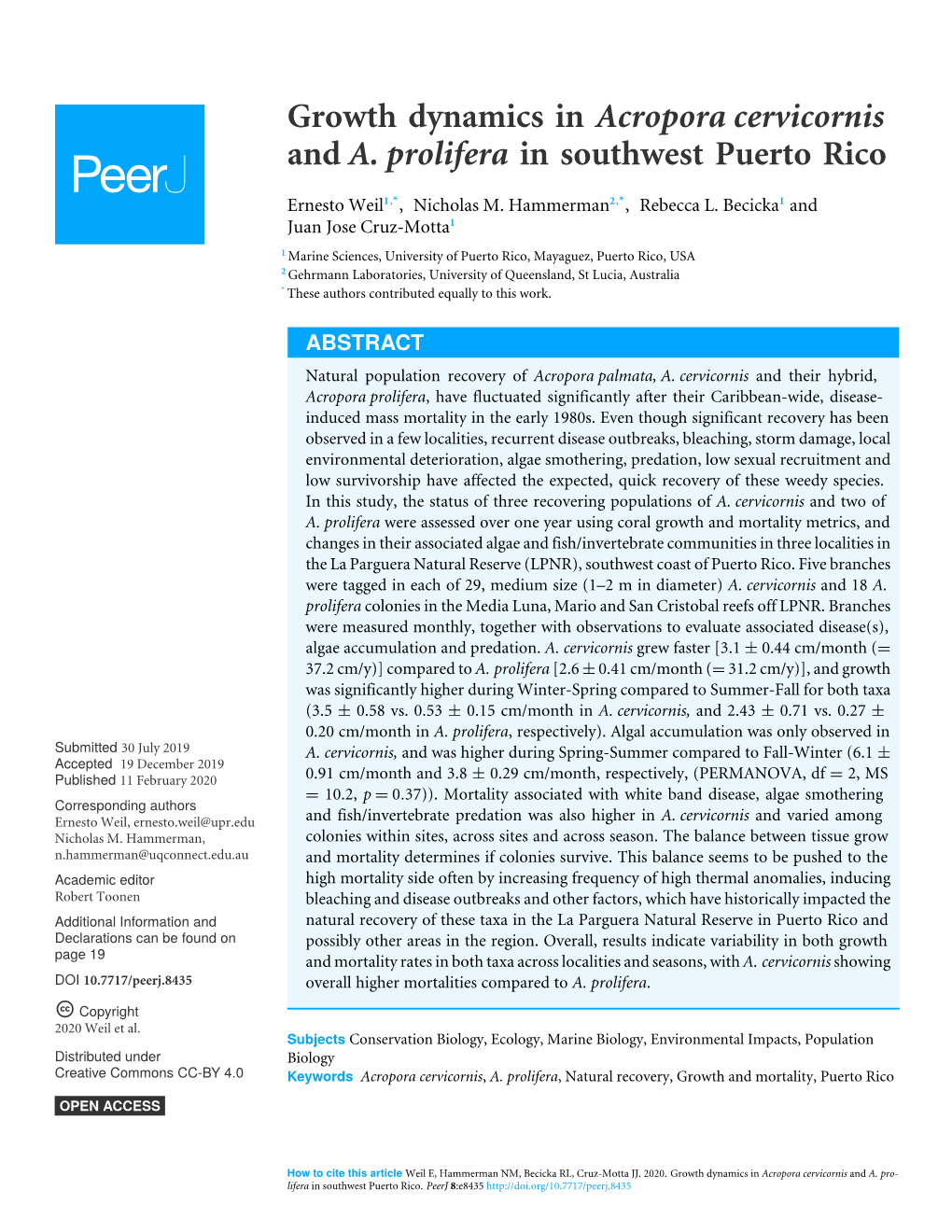 Growth Dynamics in Acropora Cervicornis and A. Prolifera in Southwest Puerto Rico