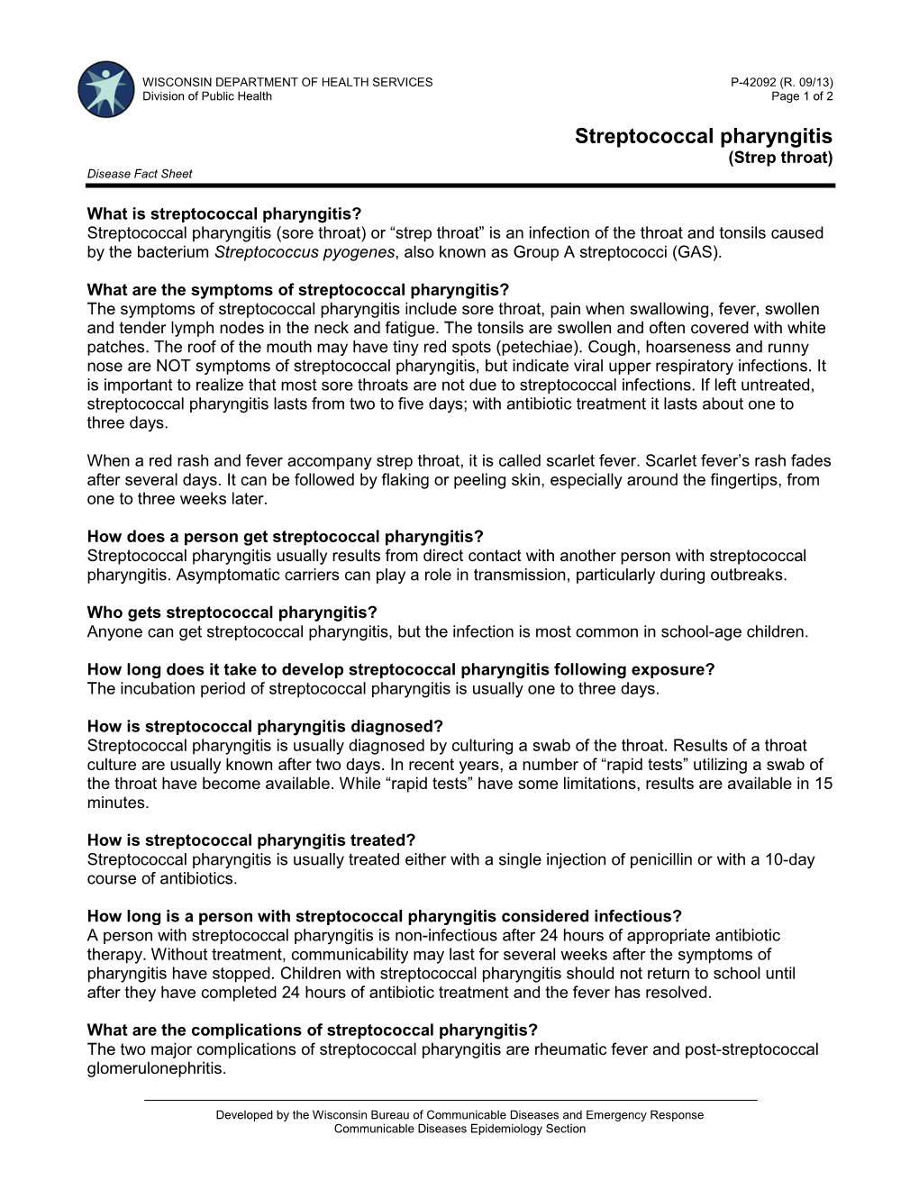 Streptococcal Pharyngitis (Strep Throat) Disease Fact Sheet, P-42092