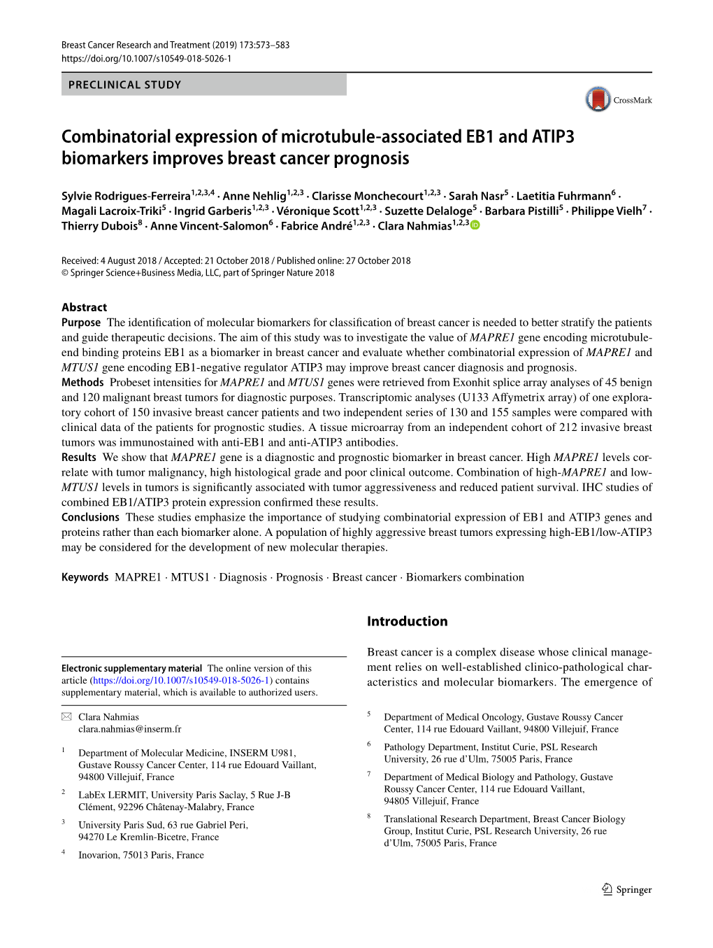 Combinatorial Expression of Microtubule-Associated EB1 and ATIP3 Biomarkers Improves Breast Cancer Prognosis