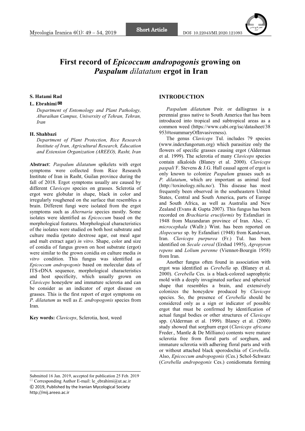 First Record of Epicoccum Andropogonis Growing on Paspalum Dilatatum Ergot in Iran