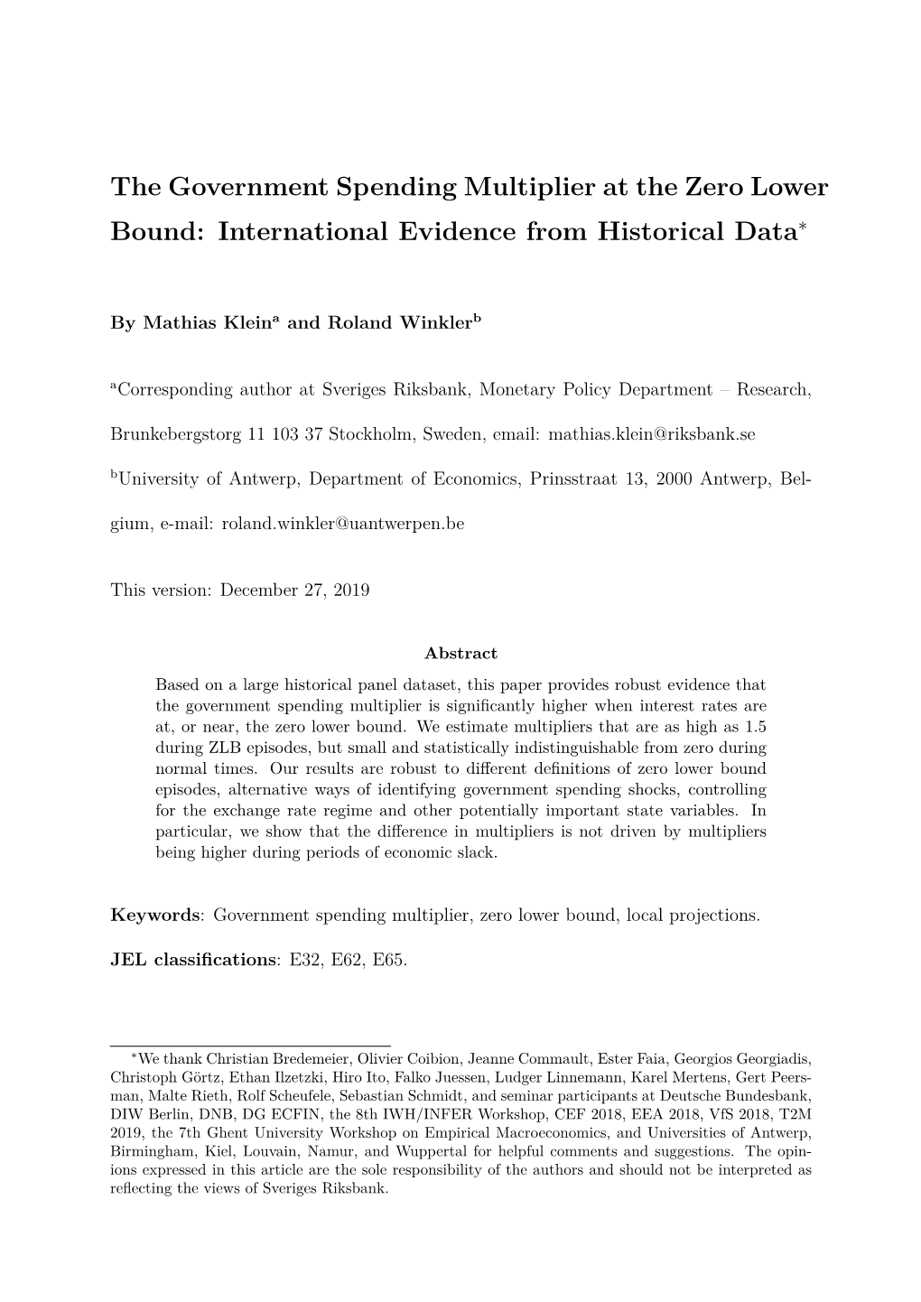 The Government Spending Multiplier at the Zero Lower Bound: International Evidence from Historical Data∗