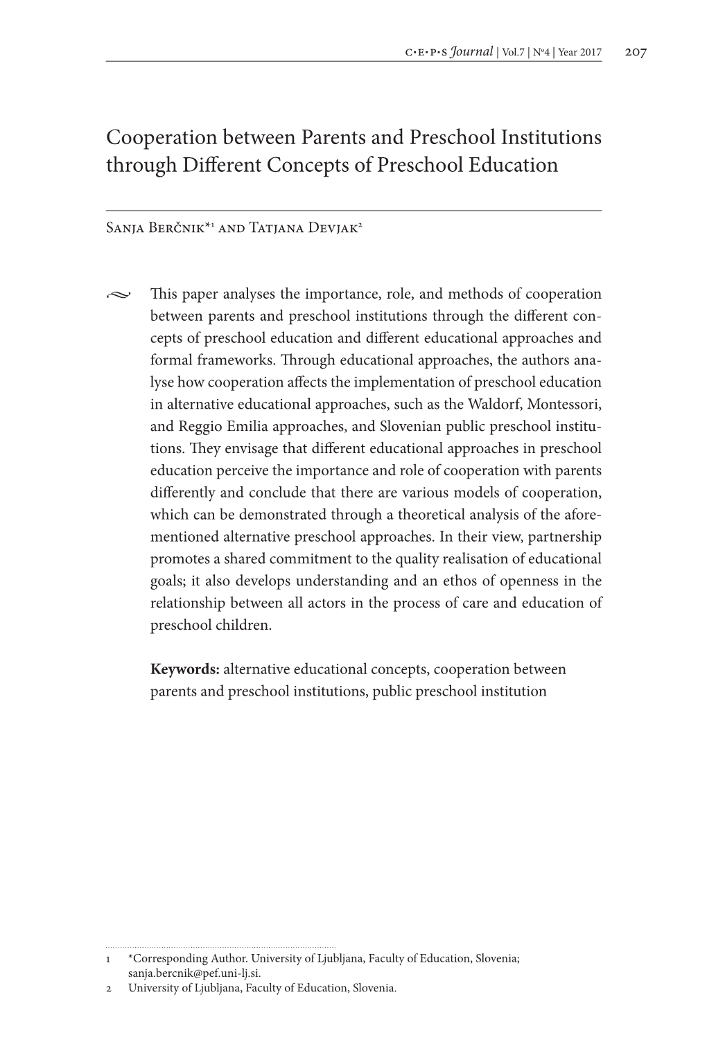 Cooperation Between Parents and Preschool Institutions Through Different Concepts of Preschool Education