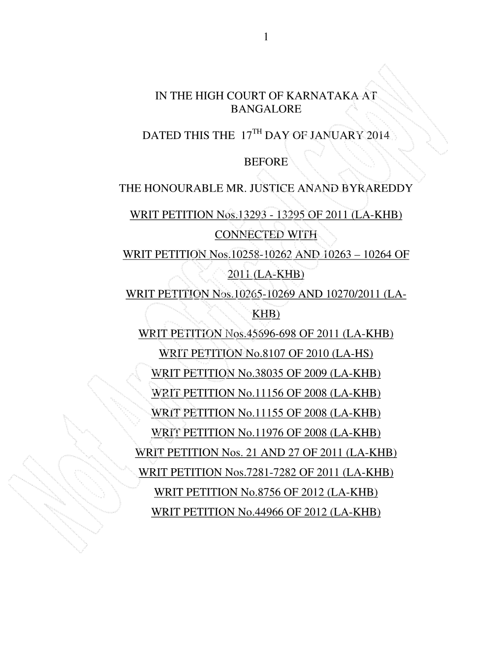 1 in the High Court of Karnataka at Bangalore