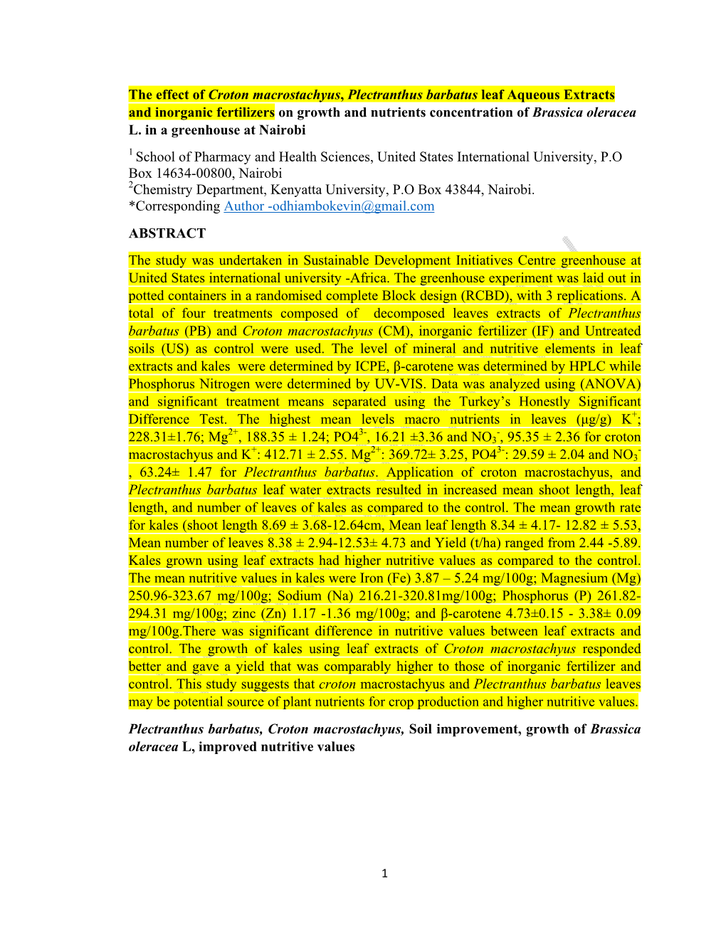 The Effect of Croton Macrostachyus, Plectranthus Barbatus Leaf Aqueous Extracts and Inorganic Fertilizers on Growth and Nutrients Concentration of Brassica Oleracea L