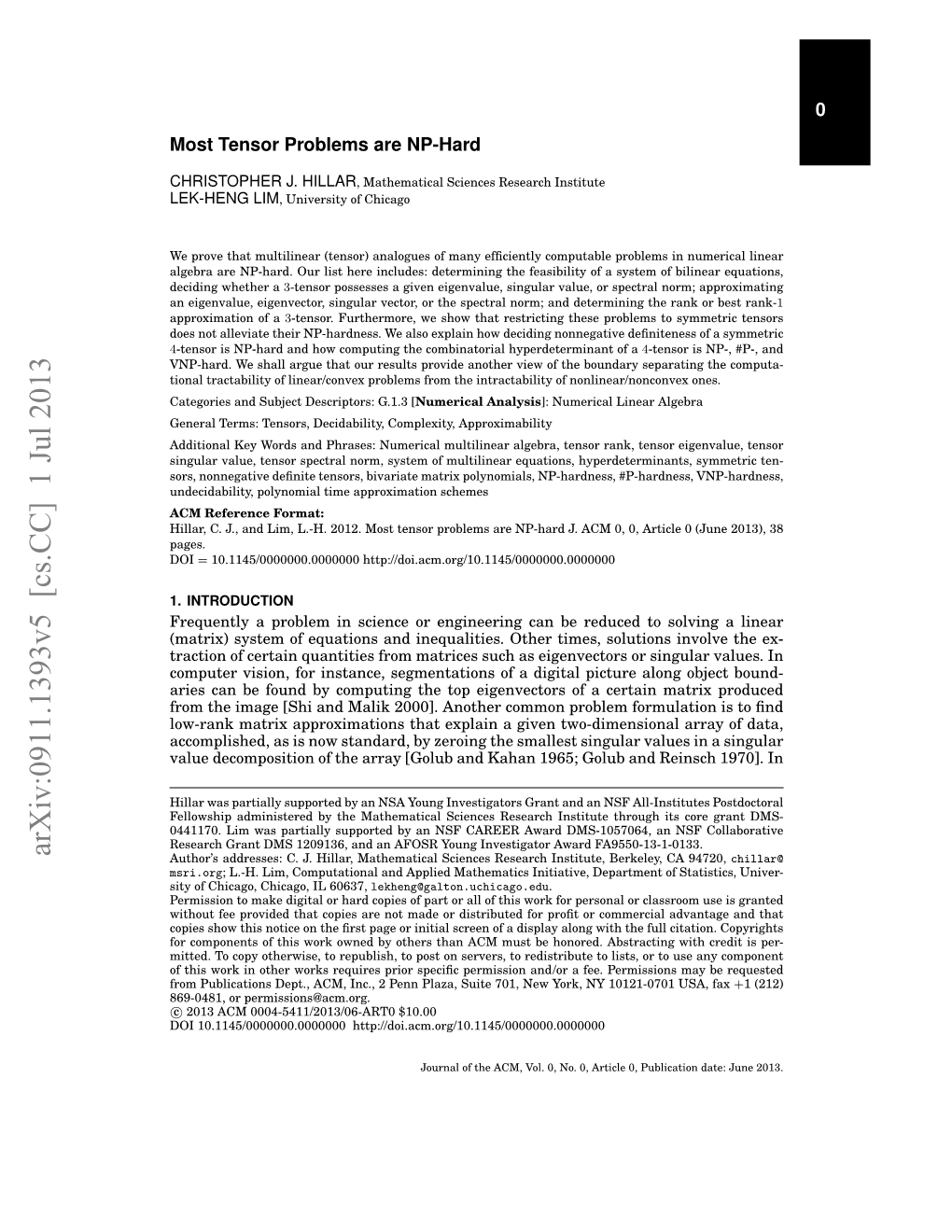 Arxiv:0911.1393V5 [Cs.CC] 1 Jul 2013 Author’S Addresses: C