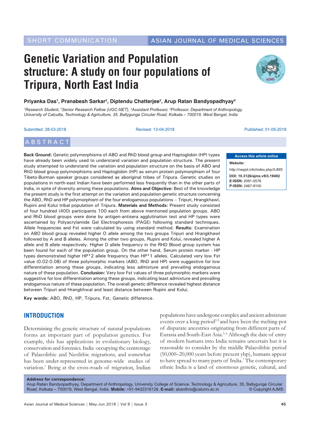 A Study on Four Populations of Tripura, North East India