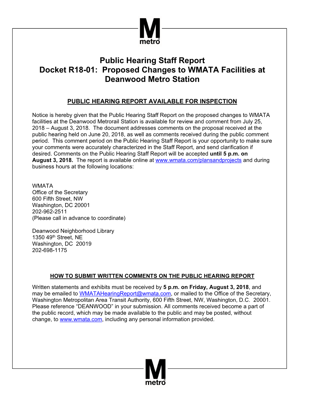 Public Hearing Staff Report Docket R18-01: Proposed Changes to WMATA Facilities at Deanwood Metro Station