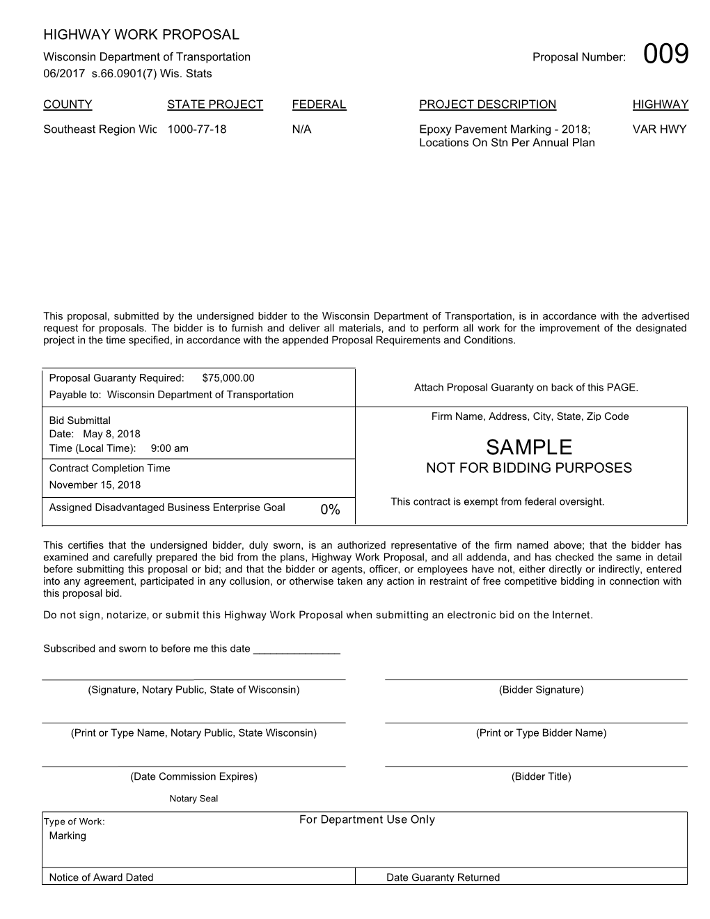 SAMPLE Contract Completion Time NOT for BIDDING PURPOSES November 15, 2018 This Contract Is Exempt from Federal Oversight