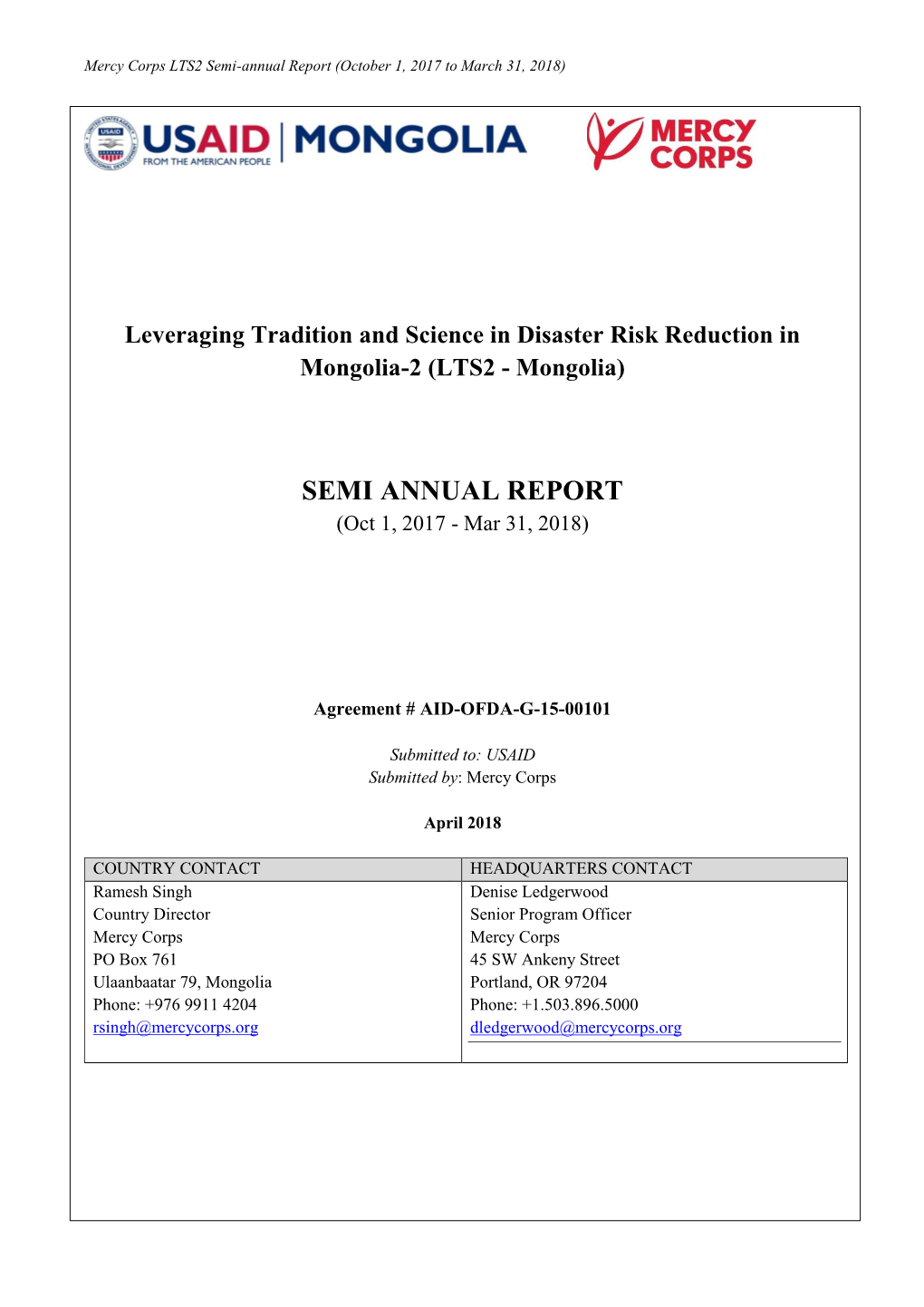 SEMI ANNUAL REPORT (Oct 1, 2017 - Mar 31, 2018)