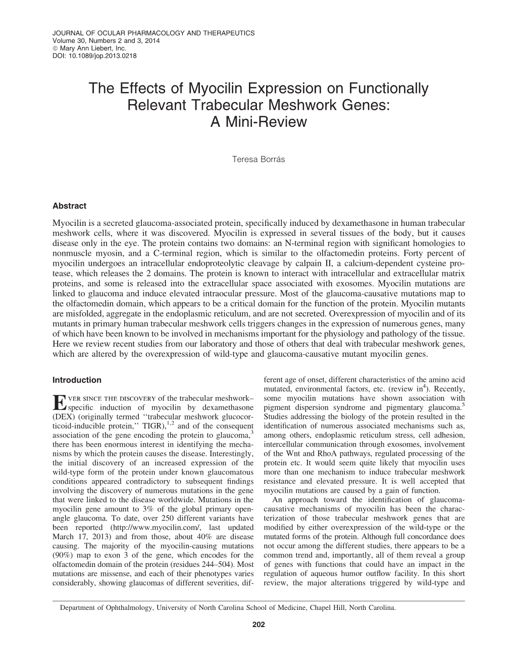 The Effects of Myocilin Expression on Functionally Relevant Trabecular Meshwork Genes: a Mini-Review