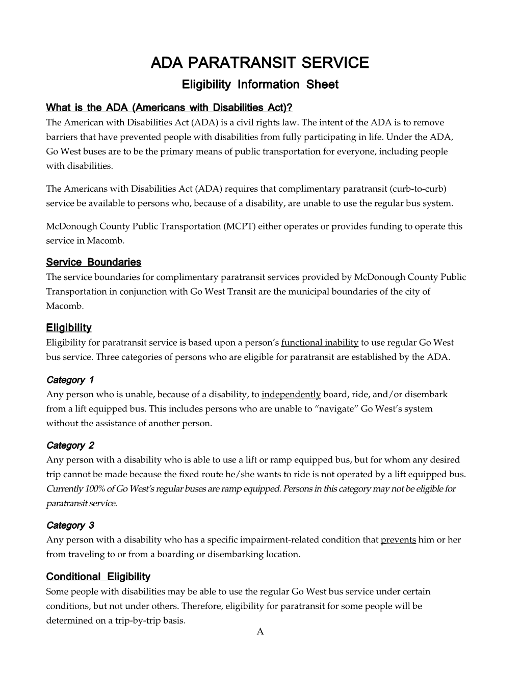 ADA PARATRANSIT SERVICE Eligibility Information Sheet