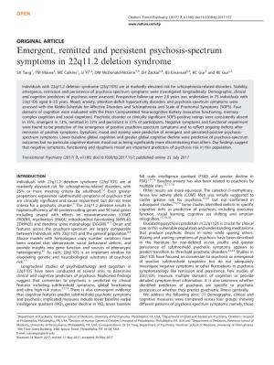 Emergent, Remitted and Persistent Psychosis-Spectrum Symptoms in 22Q11.2 Deletion Syndrome