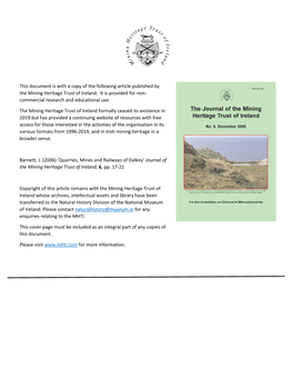 Quarries, Mines and Railways of Dalkey’ Journal of the Mining Heritage Trust of Ireland, 6, Pp