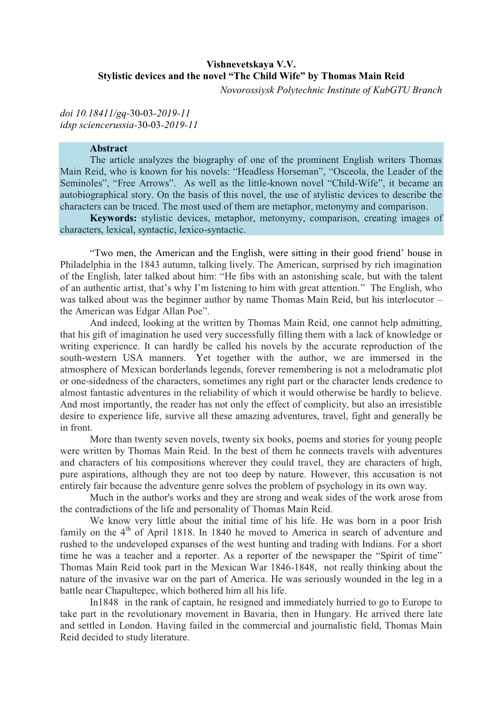 Vishnevetskaya V.V. Stylistic Devices and the Novel “The Child Wife” by Thomas Main Reid Novorossiysk Polytechnic Institute