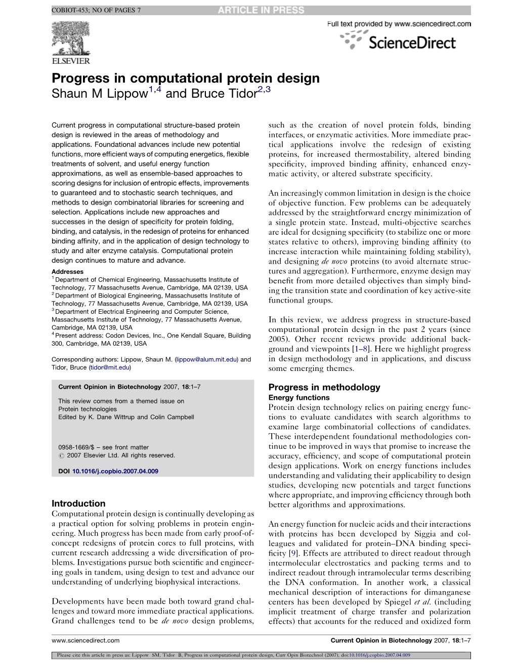 Progress in Computational Protein Design Shaun M Lippow1,4 and Bruce Tidor2,3