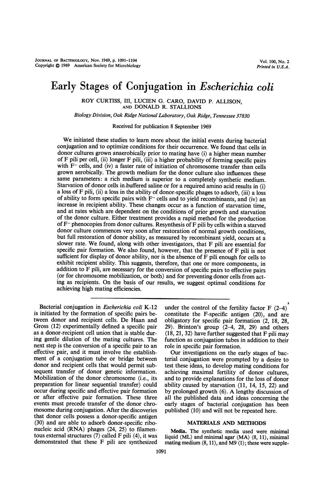 Early Stages of Conjugation in Escherichia Coli ROY CURTISS, III, LUCIEN G