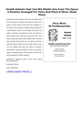 Vivaldi Antonio Vedr Con Mio Diletto Aria from the Opera Il Giustino Arranged for Voice and Piano D Minor Sheet Music