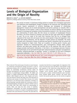 Levels of Biological Organization and the Origin of Novelty Ã BRIAN K