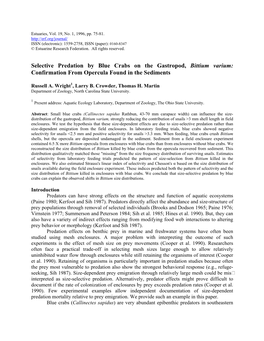 Selective Predation by Blue Crabs on the Gastropod, Bittium Varium: Confirmation from Opercula Found in the Sediments