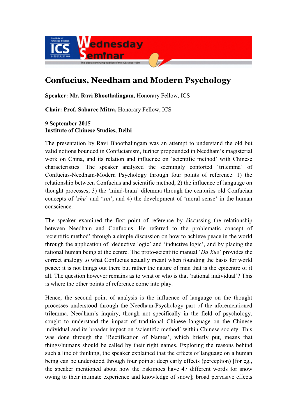 Confucius, Needham and Modern Psychology