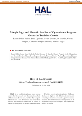 Morphology and Genetic Studies of Cymodocea Seagrass Genus in Tunisian Coasts Ramzi Bchir, Aslam Sami Djellouli, Nadia Zitouna, D