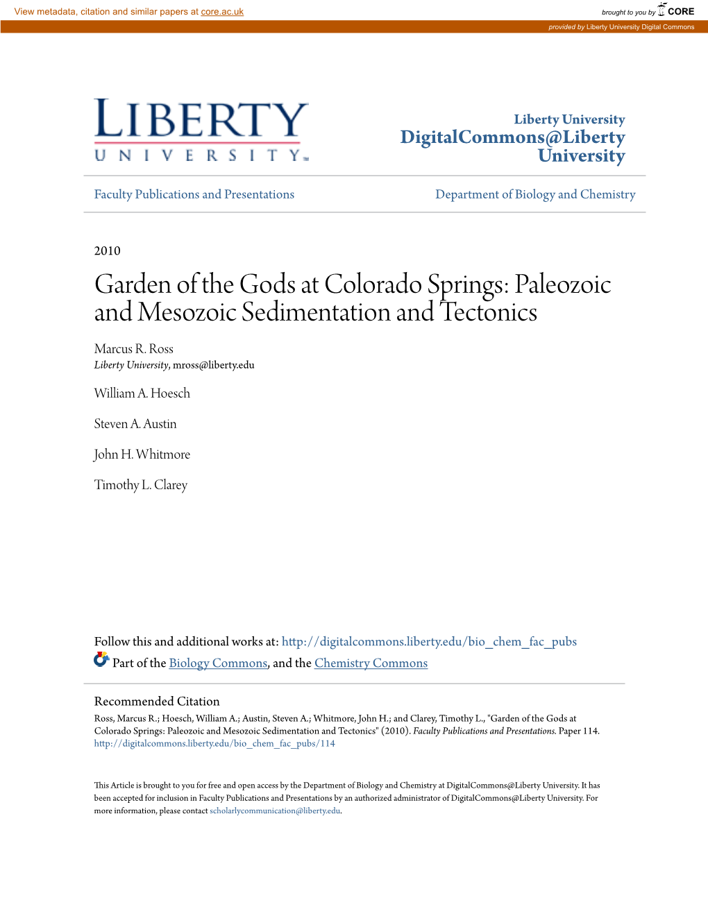 Garden of the Gods at Colorado Springs: Paleozoic and Mesozoic Sedimentation and Tectonics Marcus R