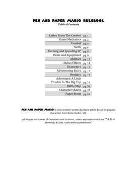 Pen and Paper Mario Rulebook Table of Contents