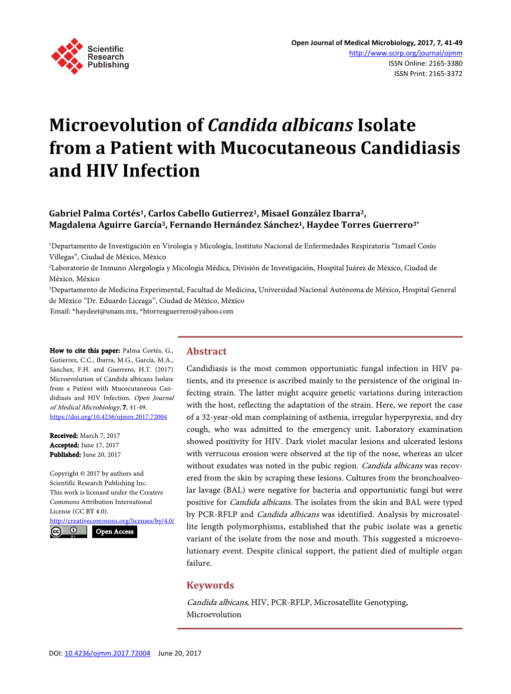 Microevolution of Candida Albicans Isolate from a Patient with Mucocutaneous Candidiasis and HIV Infection