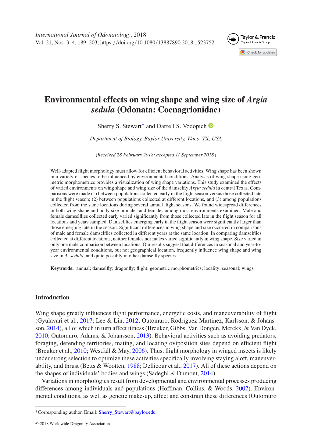 Environmental Effects on Wing Shape and Wing Size of Argia Sedula (Odonata: Coenagrionidae)