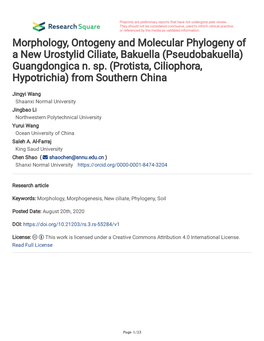 Morphology, Ontogeny and Molecular Phylogeny of a New Urostylid Ciliate, Bakuella (Pseudobakuella) Guangdongica N