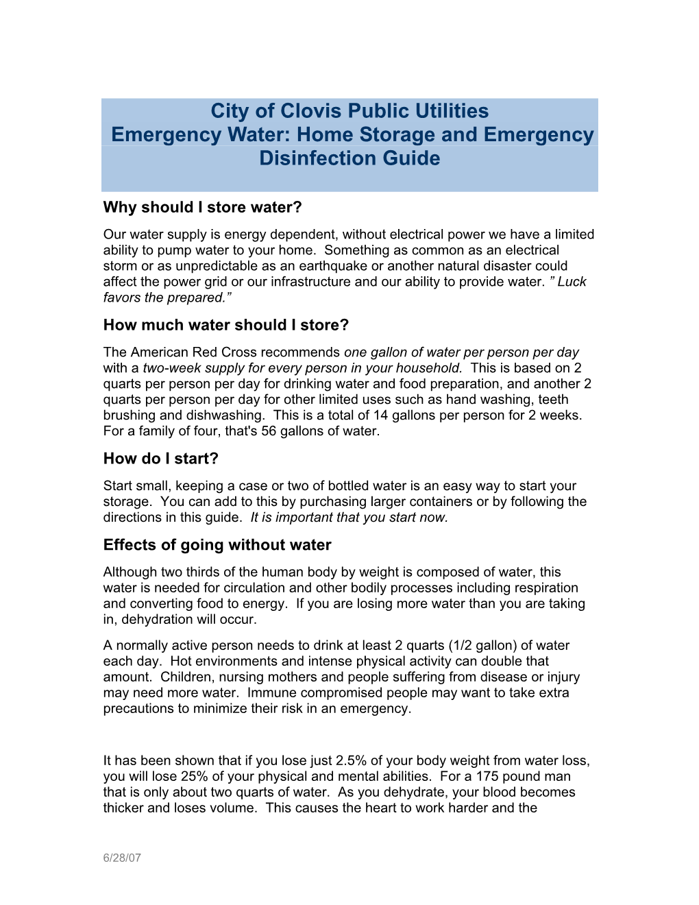 Emergency Water: Home Storage and Emergency Disinfection Guide