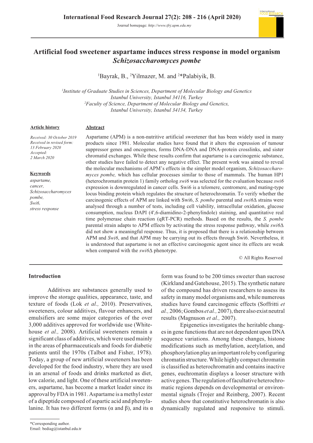 Artificial Food Sweetener Aspartame Induces Stress Response in Model Organism Schizosaccharomyces Pombe