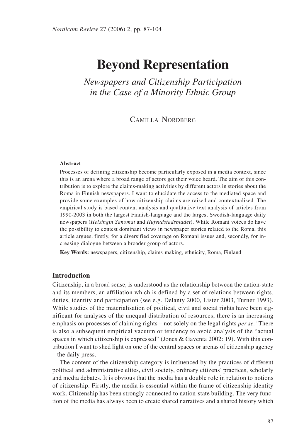 Beyond Representation Newspapers and Citizenship Participation in the Case of a Minority Ethnic Group