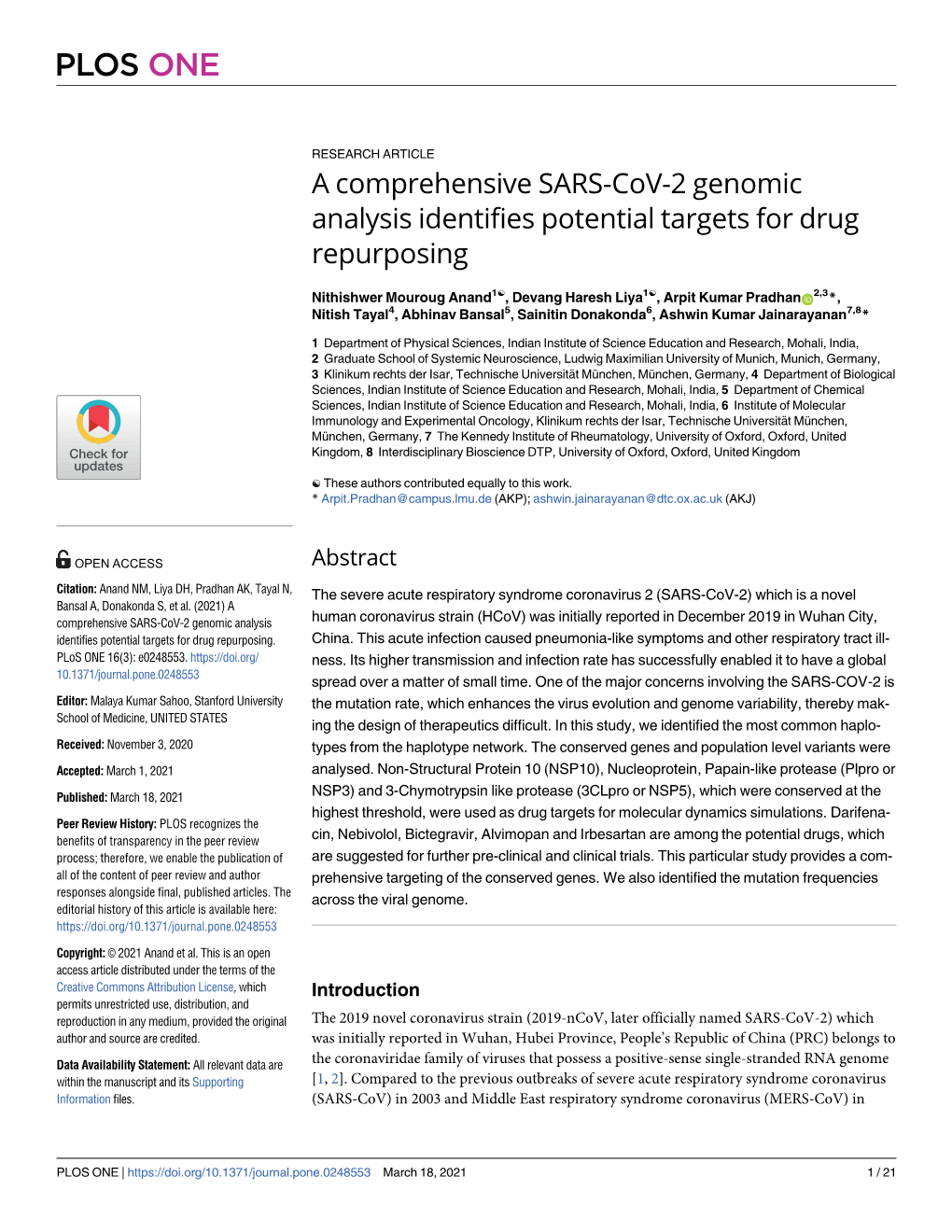 A Comprehensive SARS-Cov-2 Genomic Analysis Identifies Potential Targets for Drug Repurposing