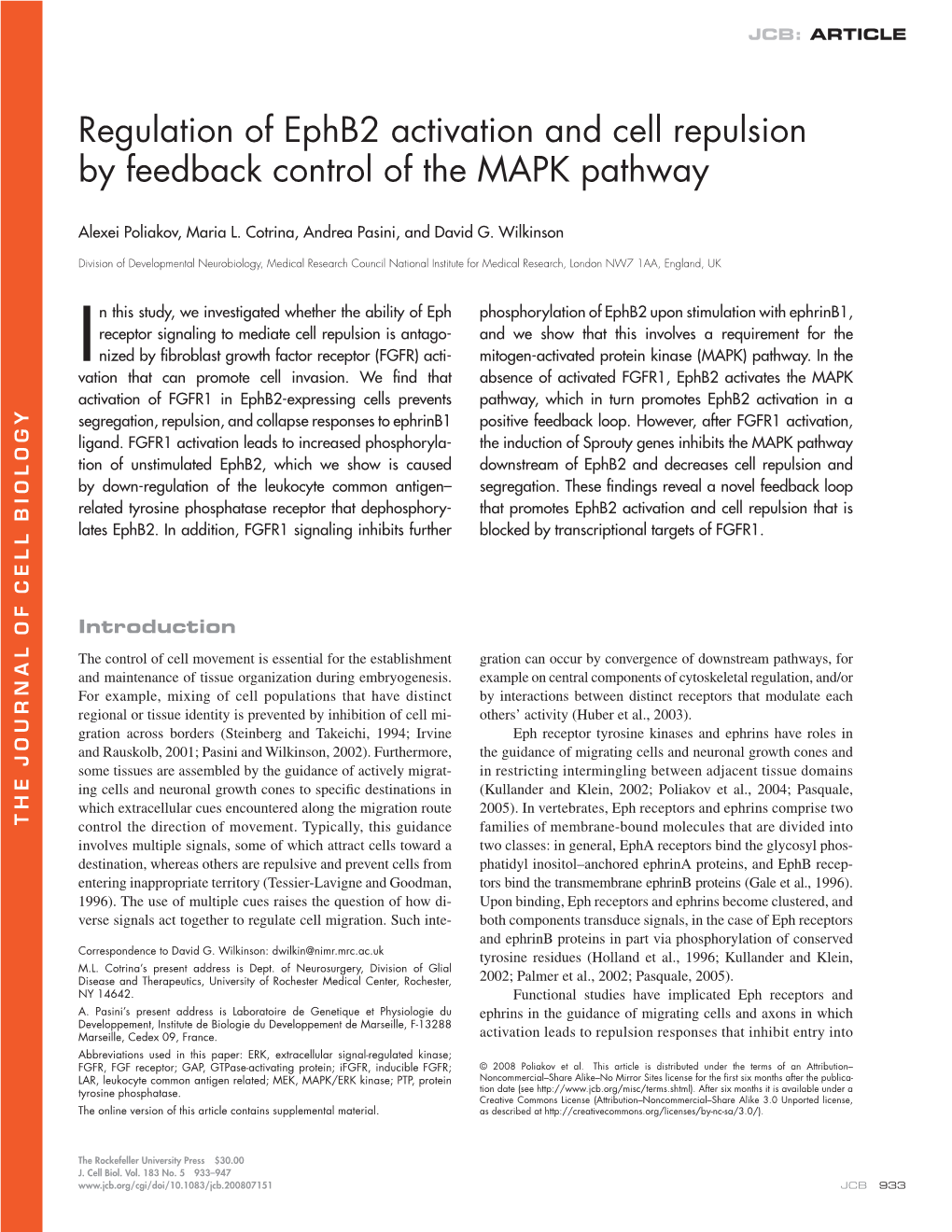 Regulation of Ephb2 Activation and Cell Repulsion by Feedback Control Of