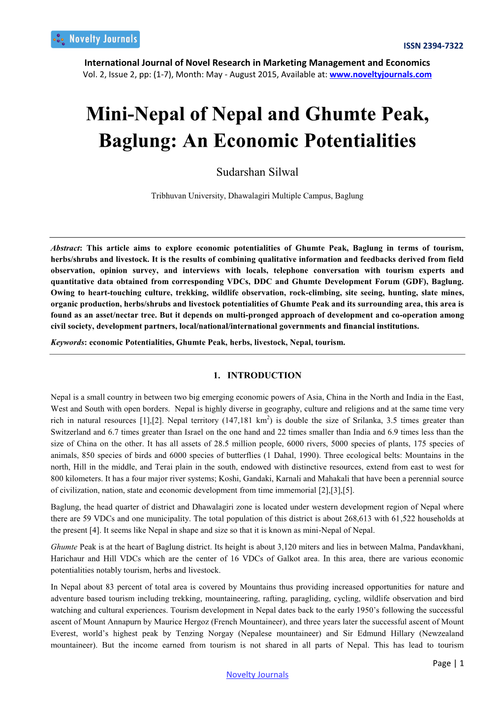 Mini-Nepal of Nepal and Ghumte Peak, Baglung: an Economic Potentialities