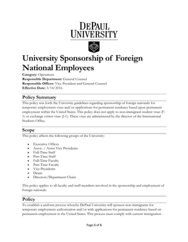 University Sponsorship of Foreign National Employees