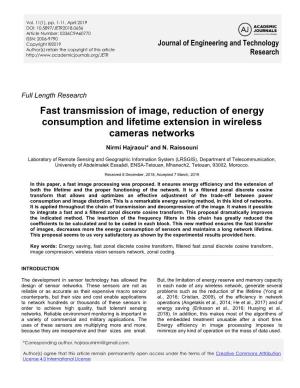 Fast Transmission of Image, Reduction of Energy Consumption and Lifetime Extension in Wireless Cameras Networks