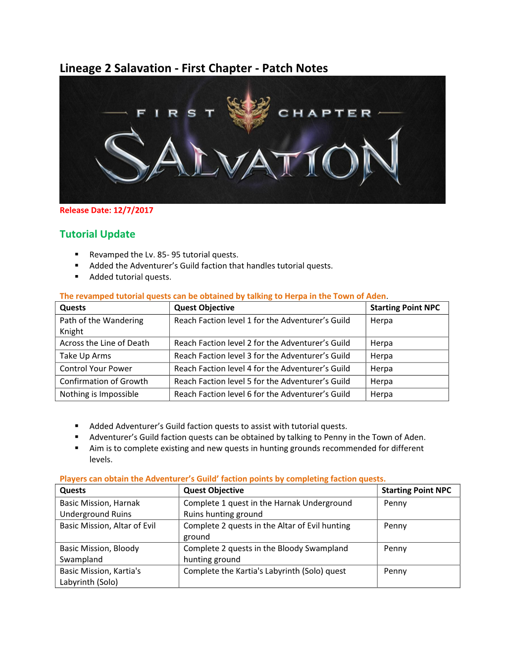 Lineage 2 Salavation - First Chapter - Patch Notes