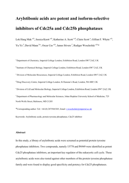 Arylstibonic Acids Are Potent and Isoform-Selective Inhibitors of Cdc25a and Cdc25b Phosphatases